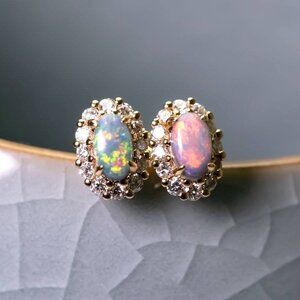 Halo Diamond Stud Earrings with Black Opal 18K Yellow Gold